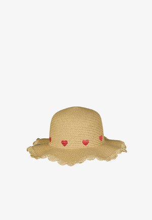 Straw sun hat with scalloped edges and a row of small red hearts embroidered around the crown.