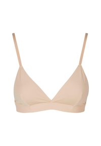 Light beige triangle bralette with thin adjustable straps, smooth texture, triangular cups, and a seamless band for a minimalist design.