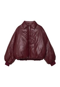 Burgunderfarbene Steppjacke mit umgeschlagenem Kragen, Reißverschluss und elastischen Bündchen. Verfügt über eine cropped, kastige Silhouette und eine glänzende Textur.