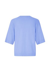 Pull en maille bleu clair à manches courtes avec poignets, ourlet et encolure ronde côtelés, présenté de dos sur un fond blanc.