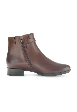 Brown leather ankle boot with a side zipper, rounded toe, low block heel, and textured surface for durability.