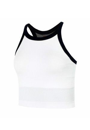 Witte mouwloze crop top met zwarte bies en racerback ontwerp, met een geribbelde textuur en een aansluitende pasvorm.