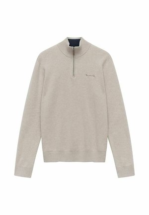 Hellgrauer Viertelzip-Pullover aus weichem Stoff, mit geripptem Kragen und Bündchen, sowie einem kleinen, auf der Brust gestickten Logo.