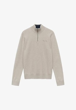 Hellgrauer Viertelzip-Pullover aus weichem Stoff, mit geripptem Kragen und Bündchen, sowie einem kleinen, auf der Brust gestickten Logo.
