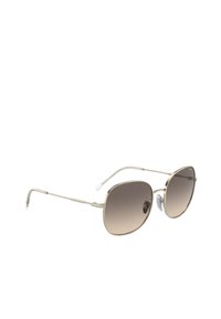 Occhiali da sole aviator in metallo dorato con lenti marroni sfumate. Presentano cuscinetti nasali regolabili e aste sottili con punte trasparenti.