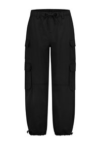 Schwarze Cargo-Hosen aus Baumwolle. Sie verfügen über einen elastischen Bund mit Kordelzug, seitliche Taschen und elastische Bündchen an den Knöcheln.