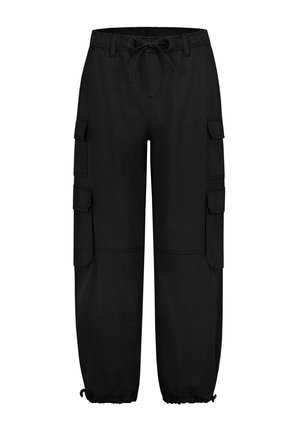 Black cargo pants made of cotton. Features an elastic waistband with drawstring, side pockets, and elastic cuffs at the ankles.