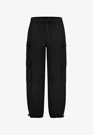 Schwarze Cargo-Hosen aus Baumwolle. Sie verfügen über einen elastischen Bund mit Kordelzug, seitliche Taschen und elastische Bündchen an den Knöcheln.