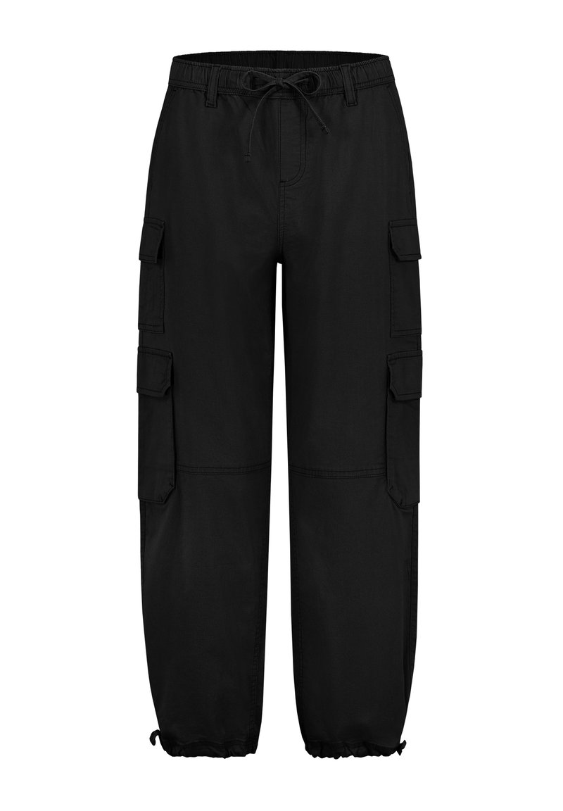 Schwarze Cargo-Hosen aus Baumwolle. Sie verfügen über einen elastischen Bund mit Kordelzug, seitliche Taschen und elastische Bündchen an den Knöcheln.
