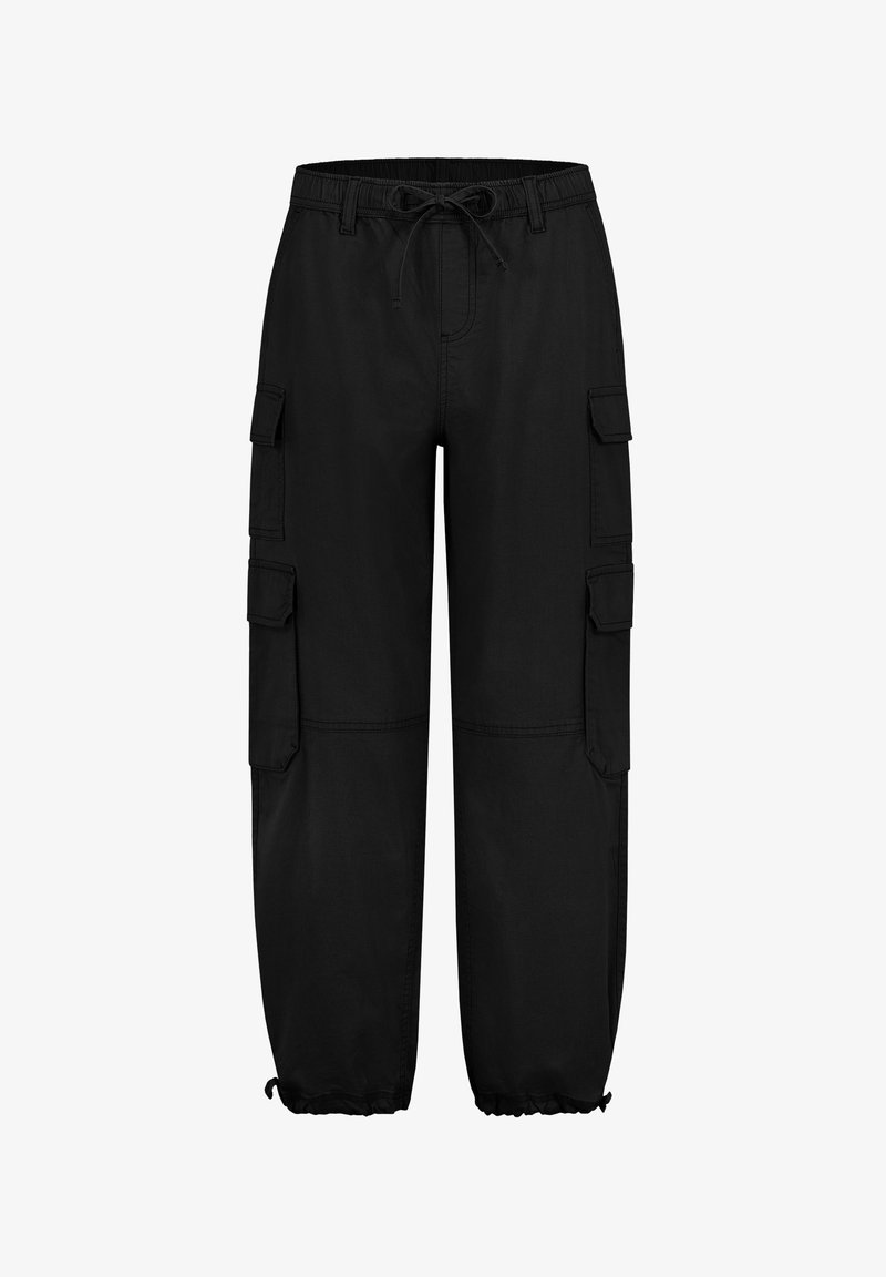 Schwarze Cargo-Hosen aus Baumwolle. Sie verfügen über einen elastischen Bund mit Kordelzug, seitliche Taschen und elastische Bündchen an den Knöcheln.