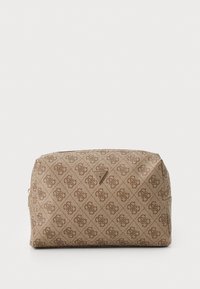 Brown cosmetic bag with a textured canvas surface, featuring an all-over logo pattern and a triangular metallic brand accent on the front.
