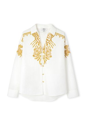 Witte langemouwen shirt met complexe gouden borduursels langs de halslijn en mouwen, met een knoopsluiting aan de voorkant en een relaxte pasvorm.
