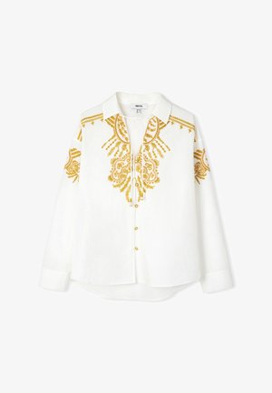 Bílá košile s dlouhými rukávy s propracovanou zlatou výšivkou podél výstřihu a rukávů, s předním zapínáním na knoflíky a volným střihem.