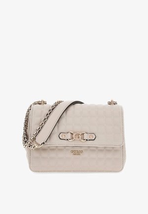 Quilted beige handbag featuring a gold-tone double G clasp, chain and leather strap, and a smooth texture with a rectangular shape.