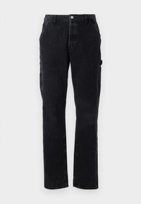 Sorte denim cargo bukser med lige ben, frontlukning med knap og sidelommer. Stoffet har en let tekstureret overflade.