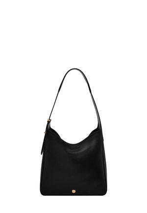 Black leather hobo bag with a curved silhouette, a single shoulder strap, and a gold-tone logo accent at the bottom. Smooth texture.
