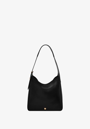 Black leather hobo bag with a curved silhouette, a single shoulder strap, and a gold-tone logo accent at the bottom. Smooth texture.