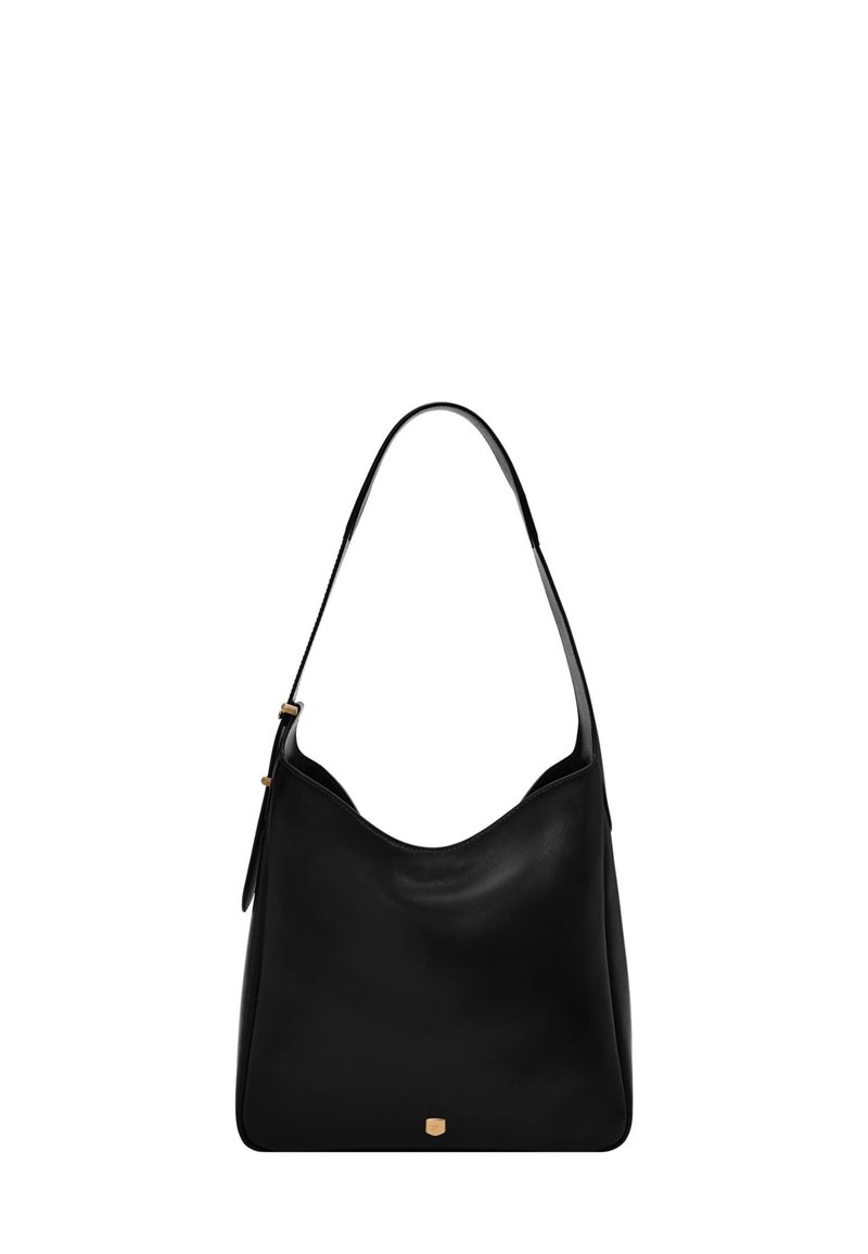 Sac hobo en cuir noir avec une silhouette incurvée, une seule bandoulière et un accent de logo en ton doré en bas. Texture lisse.