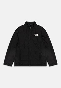 Black insulated jacket with a zip front, high collar, and horizontal stitching. Features a white logo on the left chest. Smooth texture.