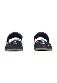 Navy blue sandals with a textured strap design, elastic accents in light blue, and a sturdy black rubber sole. Adjustable for fit.