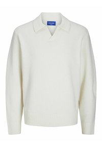 Valge kudumine pullover, millel on V-kaelus ja volditud krae. Omab soonikuid mansette ja allserva. Valmistatud pehmest, tekstuuriga kangast.