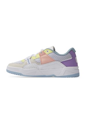 Sneakers in white, purple, pink, and yellow. Mesh and suede materials, with a textured sole. Lace-up design, padded collar, and perforated accents.