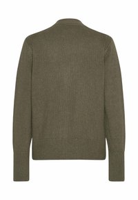 Olivgrüner Pullover, gestrickte Textur, runder Hals, lange Ärmel, gerippte Bündchen und Saum, Rückansicht, die die einfarbige und minimalistische Gestaltung zeigt.