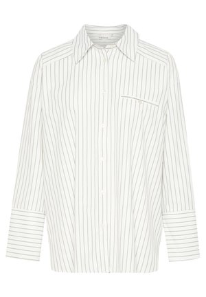 Cămașă albă cu nasturi, cu dungi verticale gri, cu guler pliat, mâneci lungi și un buzunar pe piept. Fabricată dintr-un material ușor.