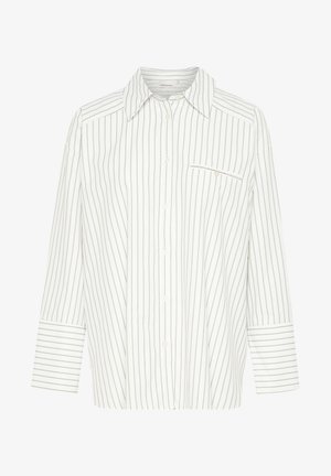 Weißes Hemd mit kurzen Knöpfen und vertikalen grauen Streifen, mit umlegbarem Kragen, langen Ärmeln und einer Brusttasche. Hergestellt aus einem leichten Stoff.