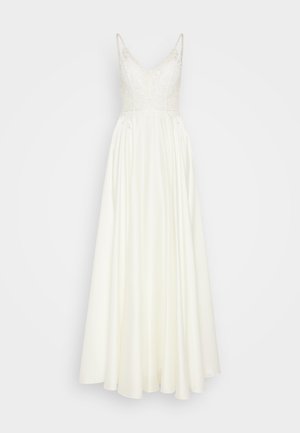 White gown with a fitted lace bodice and a flowing satin skirt. Features thin straps and intricate lace detailing at the neckline.