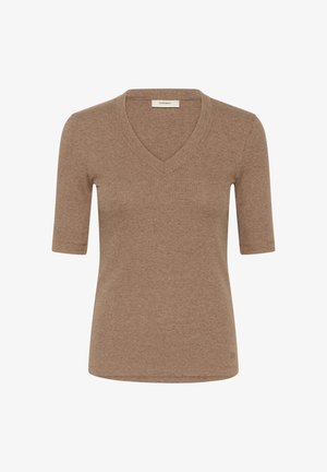 Brun, ribbad stickad topp med V-ringning och korta ärmar. Enkelt mönster med mjuk textur och figursydd form.