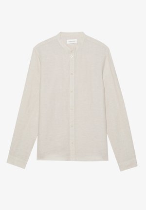 Light beige long-sleeve shirt made of textured fabric, featuring a mandarin collar and buttoned front placket. Simple and minimal design.