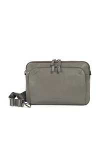 Borsa a tracolla in pelle grigia con doppia cerniera, design sottile, tracolla staccabile e logo del marchio impresso in modo discreto sulla parte frontale.