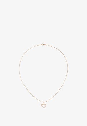 Zlatým tónu necklace s príveskom v tvare srdca ozdobeným jasnými, guľatými kryštálmi. Jemný reťazec s uzáverom na homáky.