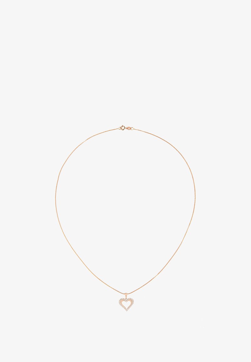 Zlatno-tonirana ogrlica z obeskom v obliki srca, okrašena s prozornimi, okroglimi kristali. Nežna veriga z zapiranjem na jasto.