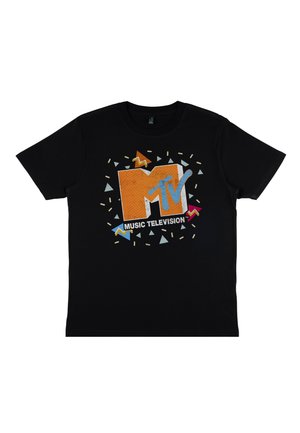 Sort bomulds T-shirt med et orange MTV-logo og blå accenter, omringet af farverige geometriske former og mønstre.