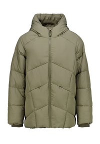 Chaqueta acolchada en verde oliva con un alto cuello, cierre de cremallera y costuras diagonales. Presenta puños acanalados y una textura ligera y suave.