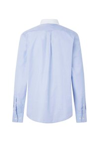 Lichtblauwe blouse met lange mouwen en een standaardkraag, rugplooi en knoopmanchetten. Gemaakt van een gladde stof met een effen textuur.