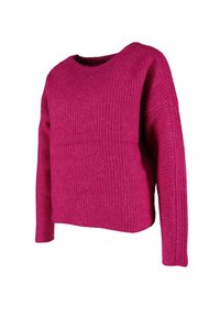 Fuchsia gestrickter Pullover mit weitem Ausschnitt, langen Ärmeln und einem leicht kastigen Schnitt. Texturiertes Material mit vertikalen Rippdetails.