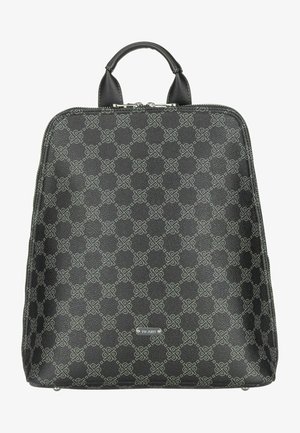 Zaino nero con texture caratterizzato da un motivo geometrico grigio chiaro, dotato di una maniglia resistente e hardware argentato. Chiusura con zip sulla parte superiore.