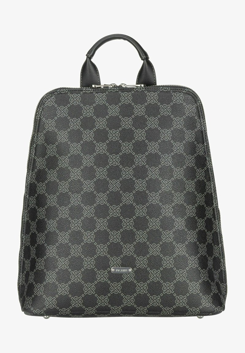 Zwarte rugzak met textuur, voorzien van een geometrisch patroon in lichtgrijs, met een stevige handgreep en zilveren hardware. Ritsluiting aan de bovenkant.