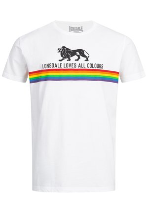 White cotton t-shirt featuring a black lion graphic and the text "LONSDALE LOVES ALL COLOURS" above a rainbow-striped band.
