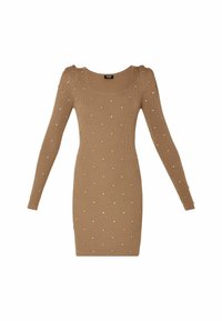Gestreiftes Strickkleid in Beige mit langen Ärmeln, das einen quadratischen Halsausschnitt und verstreute silberne Verzierungen aufweist.
