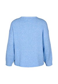 Hellblau gestrickter Pullover mit lockerem Schnitt, Rundhalsausschnitt und überschnittenen Schultern. Mit geripptem Textur und Saum. Rückansicht angezeigt.