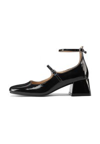 Scarpe in pelle verniciata nera con punta quadrata e tacco a blocco. Presentano cinturini alla caviglia con fibbie rotonde. Finitura liscia e lucida.