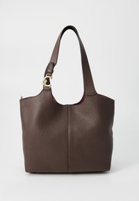 Brown leather tote bag with a textured surface, single shoulder strap, and gold-toned hardware accents. Open top design with a spacious interior.