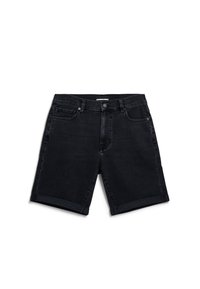 Zwarte denim shorts met een rechte snit, subtiele vervaging, opgerolde zomen, vijfzakkenontwerp en een enkele knoopsluiting bij de taille.
