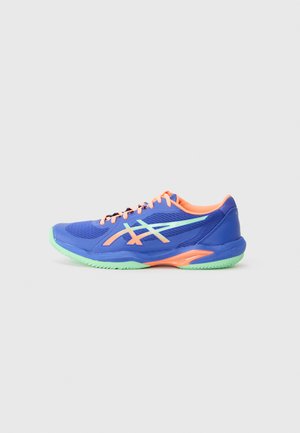 Blue athletic shoe with orange accents, featuring a mesh upper, green outsole, and a lightweight design for enhanced performance.