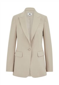 Šviesiai smėlio spalvos pritaikytas švarkas su įpjauta apykakle, vieno mygtuko užsegimu, dviem priekinėmis kišenėmis ir subtilia tekstūruota medžiaga.