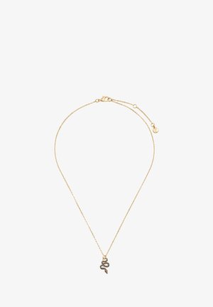 Auksinės spalvos grandinėlė su gyvatės pakabuku, turinčiu tekstūruotą dizainą ir sudėtingą detalizavimą, užsegama krabų užsegimu.